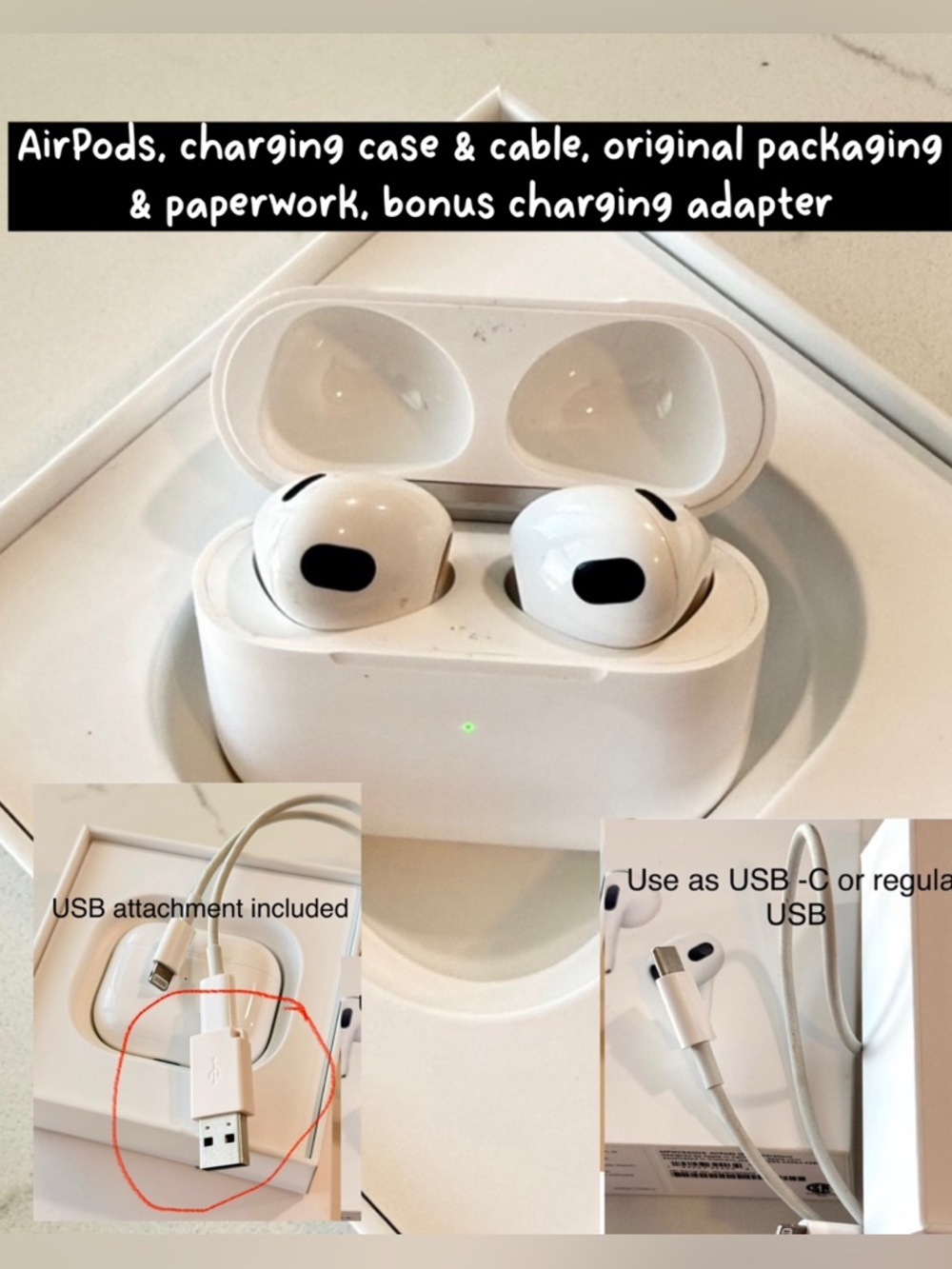 Apple AirPods 3rd Gen with Charging Cable, Case & USB Adapter